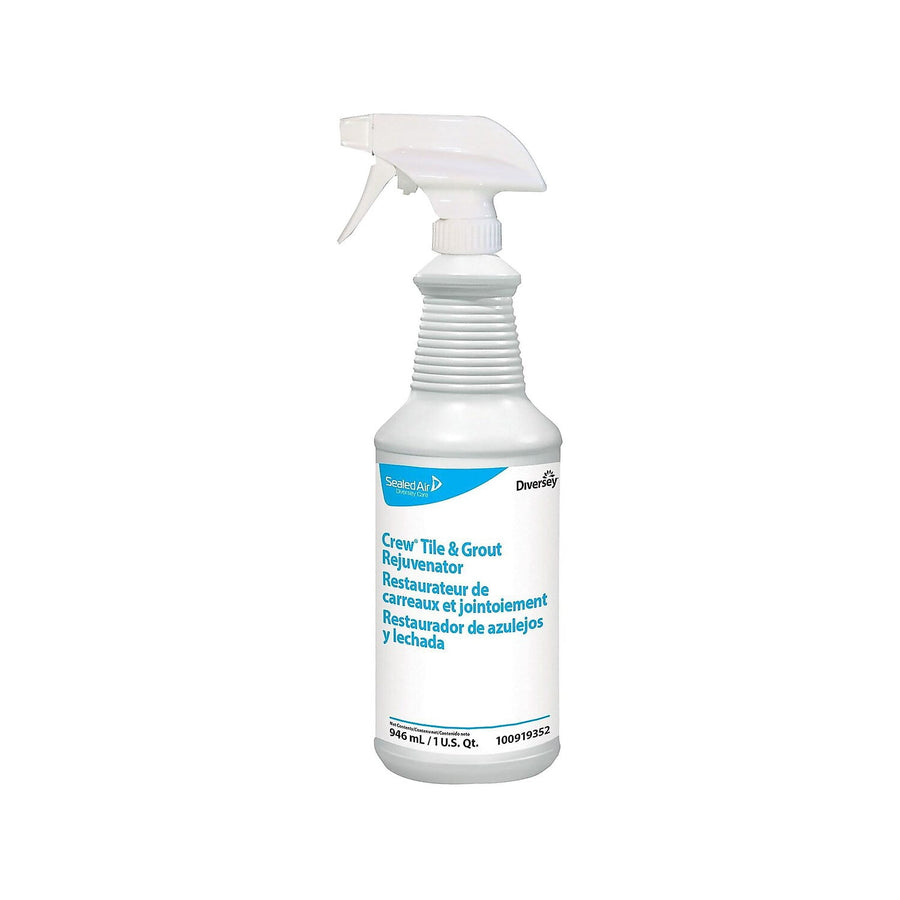 Spray bottle of Diversey Crew Tile & Grout Rejuvenator with white trigger and bilingual label