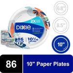 Close-up of Dixie branded 10-inch decorative paper plate packaging showing logo and '86 plates' label.