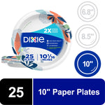 Close-up of a Dixie 10-inch floral patterned paper plate front with packaging graphics and a blue label showing 25 plates.