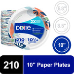 Stack of Dixie 10-inch disposable paper plates with colorful floral border and bold packaging label