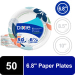 Close-up of a Dixie floral paper plate with size icons and label indicating 6.8" and 50 plates