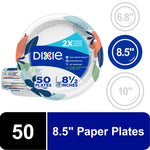 Front-packaging image of Dixie paper plates with floral border showing brand logo, 8½ inch size and '50 plates' callouts.