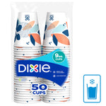 Packaged clear bag showing two stacks of Dixie 9 oz patterned paper cups with label