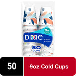 Clear packaged stack of Dixie 9 oz patterned paper cups with branded label