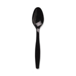Single black heavy-weight plastic teaspoon on a white background showing spoon shape and glossy finish
