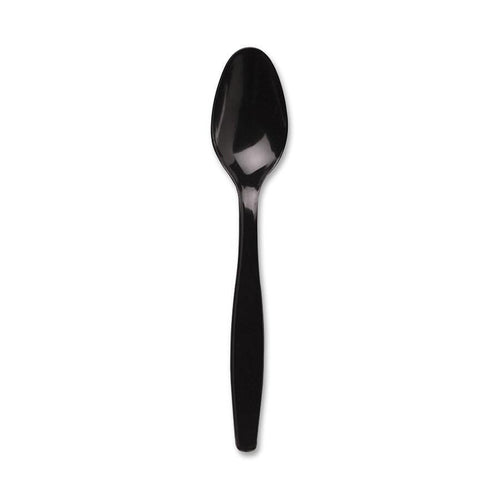 Single black heavy-weight plastic teaspoon on a white background showing spoon shape and glossy finish