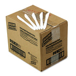 Cardboard shipping box labeled Dixie Dense Pack with several white disposable knives displayed on top
