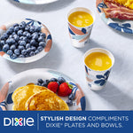 Dixie patterned paper cups and matching plates with breakfast foods on a table