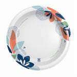 Top view of a white Dixie paper plate with multicolor floral rim pattern on a plain background.