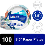 Close-up of Dixie branded paper plate packaging showing floral border, 100 plates and 8½ inch callouts.