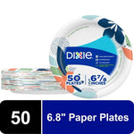 Stack of Dixie floral-patterned paper plates with a front package label showing 50 plates and 6 7/8 inches