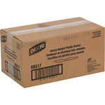Cardboard shipping box labeled 'Dixie' and 'KH517' with text 'Heavy Weight Plastic Knives' printed on the side