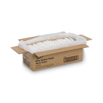 Open cardboard box lined with plastic, filled with rows of white disposable plastic knives