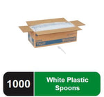 Open cardboard case of disposable white spoons with one spoon shown and a green/black label reading '1000 White Plastic Spoons'