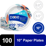 Packaged Dixie paper plate front showing multicolor floral rim design and 10" size badge