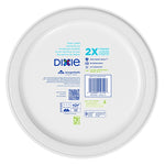Back of a Dixie paper plate showing brand logo, barcode, and certification icons printed on the reverse side.