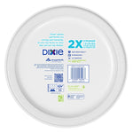 Back of a Dixie paper plate showing product text, barcode, logos and compostability and strength claims