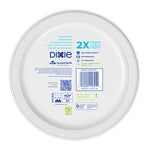 Rear view of a Dixie paper plate package showing barcode, brand logo, certification icons and product information.