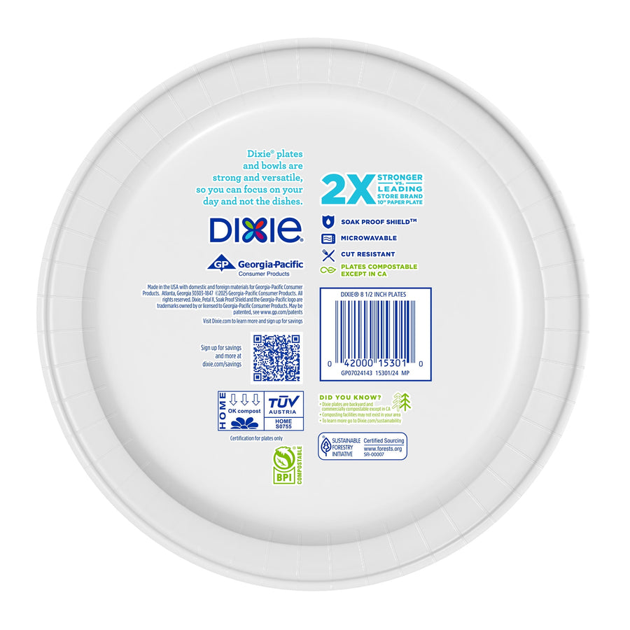Rear view of a Dixie paper plate package showing barcode, brand logo, certification icons and product information.