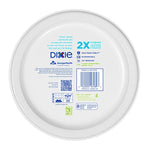 Back of Dixie paper plate package showing branding, product information, barcode and certification icons.