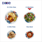 Graphic showing four Dixie plate and bowl sizes with product photos, highlighting the 8½ inch plate among other sizes.