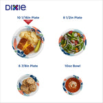 Graphic showing four Dixie product sizes and uses with images of plated food and size labels