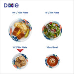 Graphic showing four Dixie product uses and sizes with images of plates and bowl in matching floral print