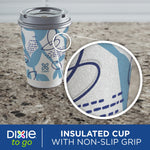 Dixie To Go paper cup on a countertop with a magnified inset showing textured insulated surface detail