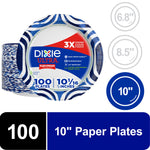 Pack of Dixie Ultra 10" disposable paper plates with blue swirl border and package label