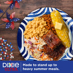 Dixie Ultra 10" blue swirl paper plate holding barbecue meal styled on a wood table