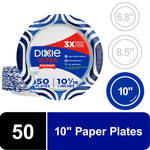 Packaged stack of Dixie Ultra 10-inch paper plates with blue swirl border and bold product labeling