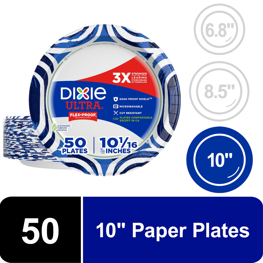 Packaged stack of Dixie Ultra 10-inch paper plates with blue swirl border and bold product labeling