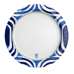 Top-down view of a single Dixie Ultra paper plate with blue swirl border on a white background