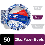 Close-up of a Dixie Ultra blue swirl paper bowl label showing 50 bowls and 20 oz callout with size comparison graphics.