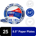 Dixie Ultra 8.5" blue patterned paper plate with size icons and a 25-count graphic on a white background