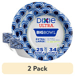Stacked Dixie Ultra BigBowl paper bowls with blue geometric border showing 25 bowls 34 ounce label