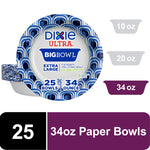 Dixie Ultra BigBowl paper bowl front label with capacity comparison icons and "25 34 oz" callout