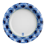 Top-down view of a Dixie Ultra paper bowl with blue arc pattern border and small Dixie logo at center rim