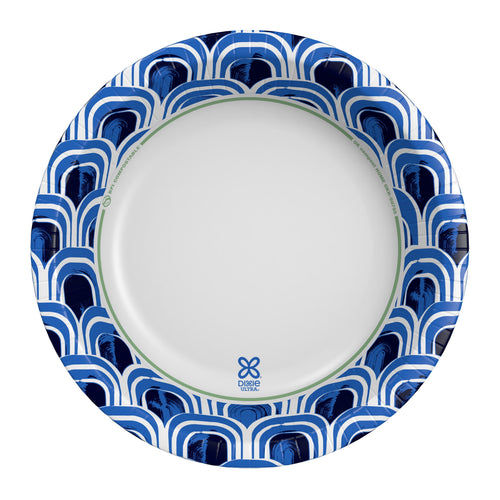 Top-down view of a Dixie Ultra paper bowl with blue arc pattern border and small Dixie logo at center rim