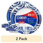 Stack of Dixie Ultra 8½-inch blue patterned disposable paper plates with front label showing brand and plate size