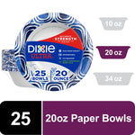 Top-down view of Dixie Ultra blue patterned paper bowl packaging showing 25 bowls 20 oz