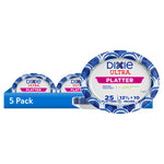 Packaged Dixie Ultra oval platter with blue patterned rim and label showing 25 platters and 12.5 x 10 inches.