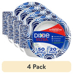Four stacked Dixie Ultra patterned disposable paper bowls with packaging label showing 50 bowls, 20 ounce capacity and blue swirl design.