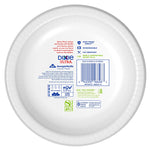Back of a Dixie Ultra paper bowl showing barcode, certifications and compostable labeling on white surface