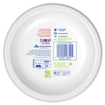 Back of a Dixie Ultra paper bowl showing product information, barcode, certifications and compostability icons printed on white surface.