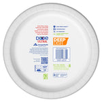 Back of a Dixie Ultra DeepDish paper plate showing product text, bar code, certifications and brand logos on white surface