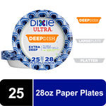 Single Dixie Ultra DeepDish blue-pattern paper plate with product callouts and a 25 / 28 oz information banner