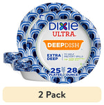 Stacked Dixie Ultra DeepDish blue patterned disposable paper plates with front packaging label showing 25 plates, 28 oz