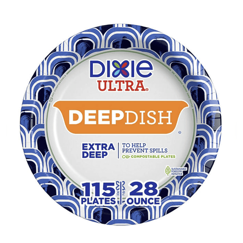 Top-down view of a Dixie Ultra DeepDish paper plate with blue patterned rim and bold DEEPDISH branding