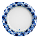 Top view of a Dixie Ultra DeepDish paper plate showing blue geometric patterned rim and white center with small logo